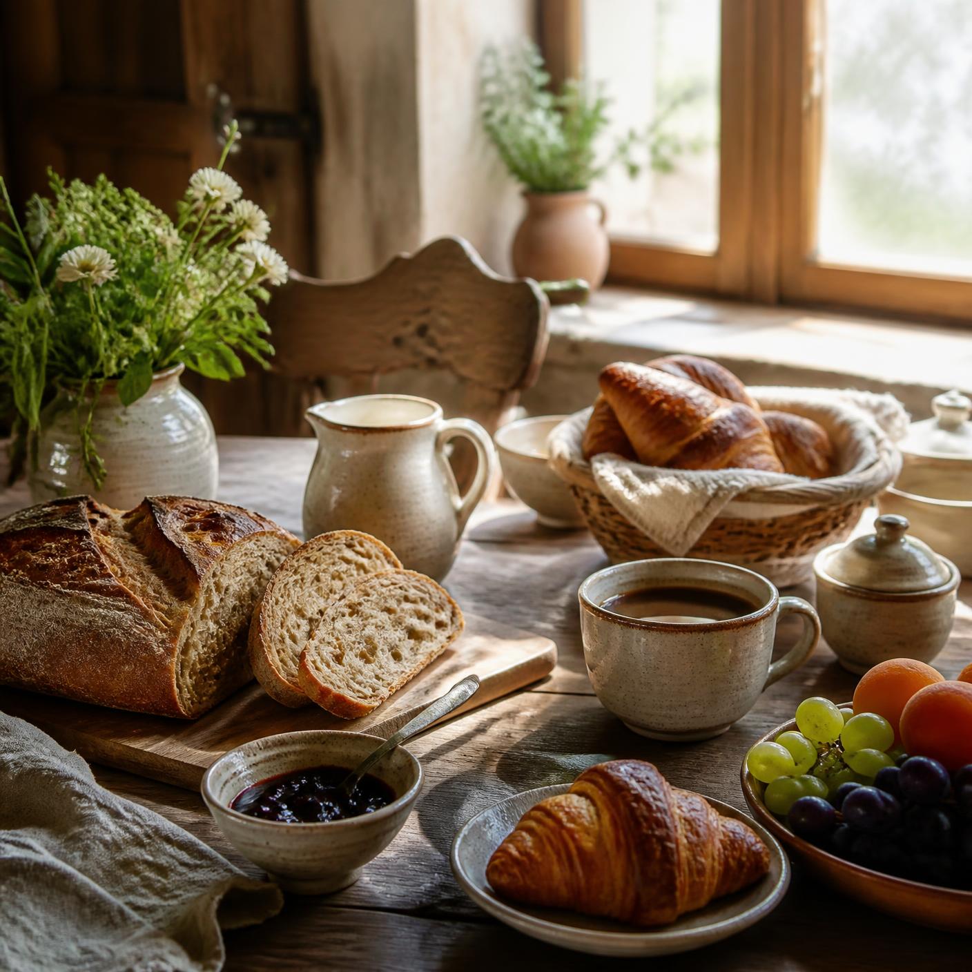 Pains et confitures maison sur la table du matin